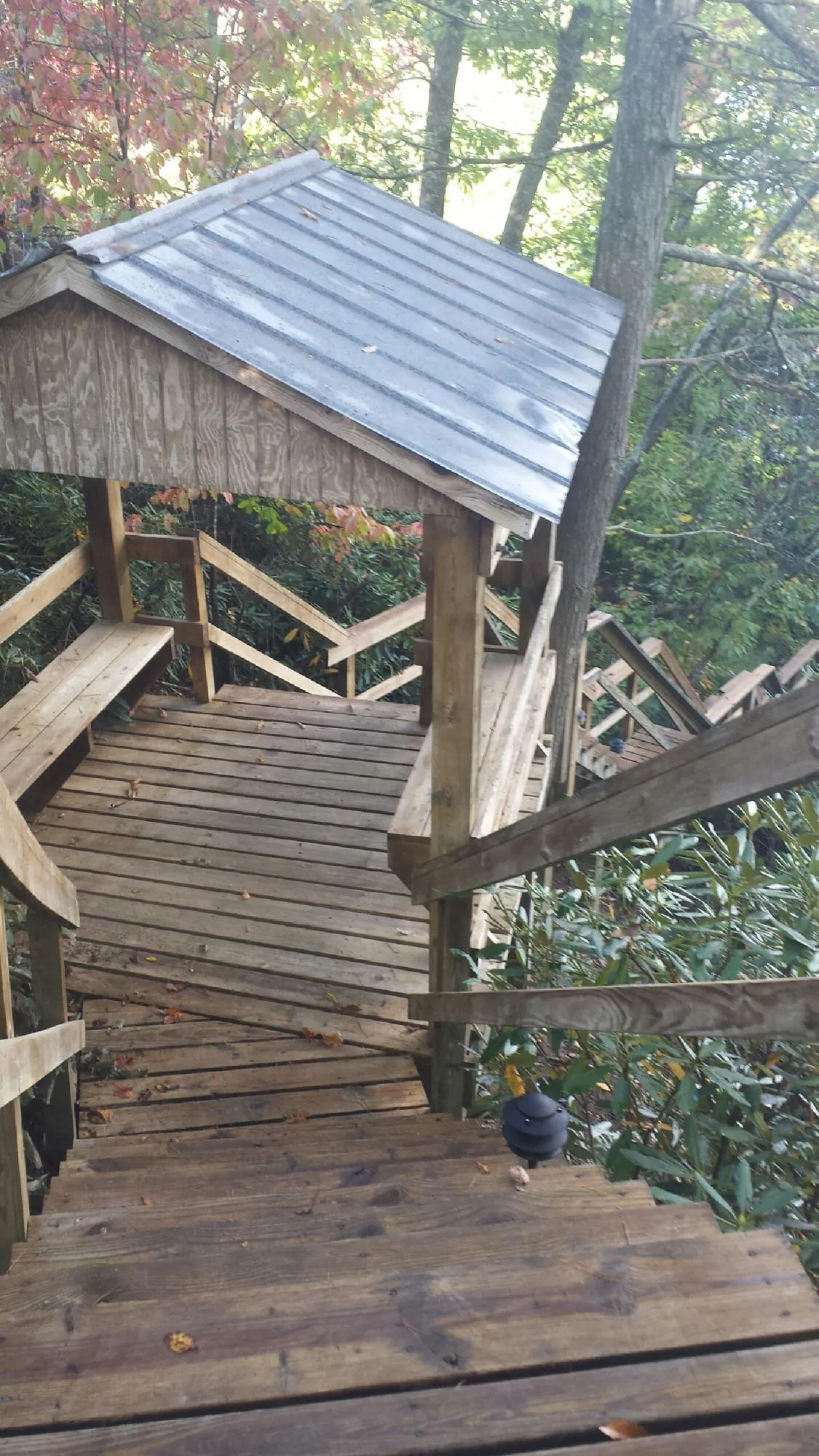 Metal roofed shelter over wooden steps on a wooded walkway — Skylight Repair & Installation work by our crew in Mohawk